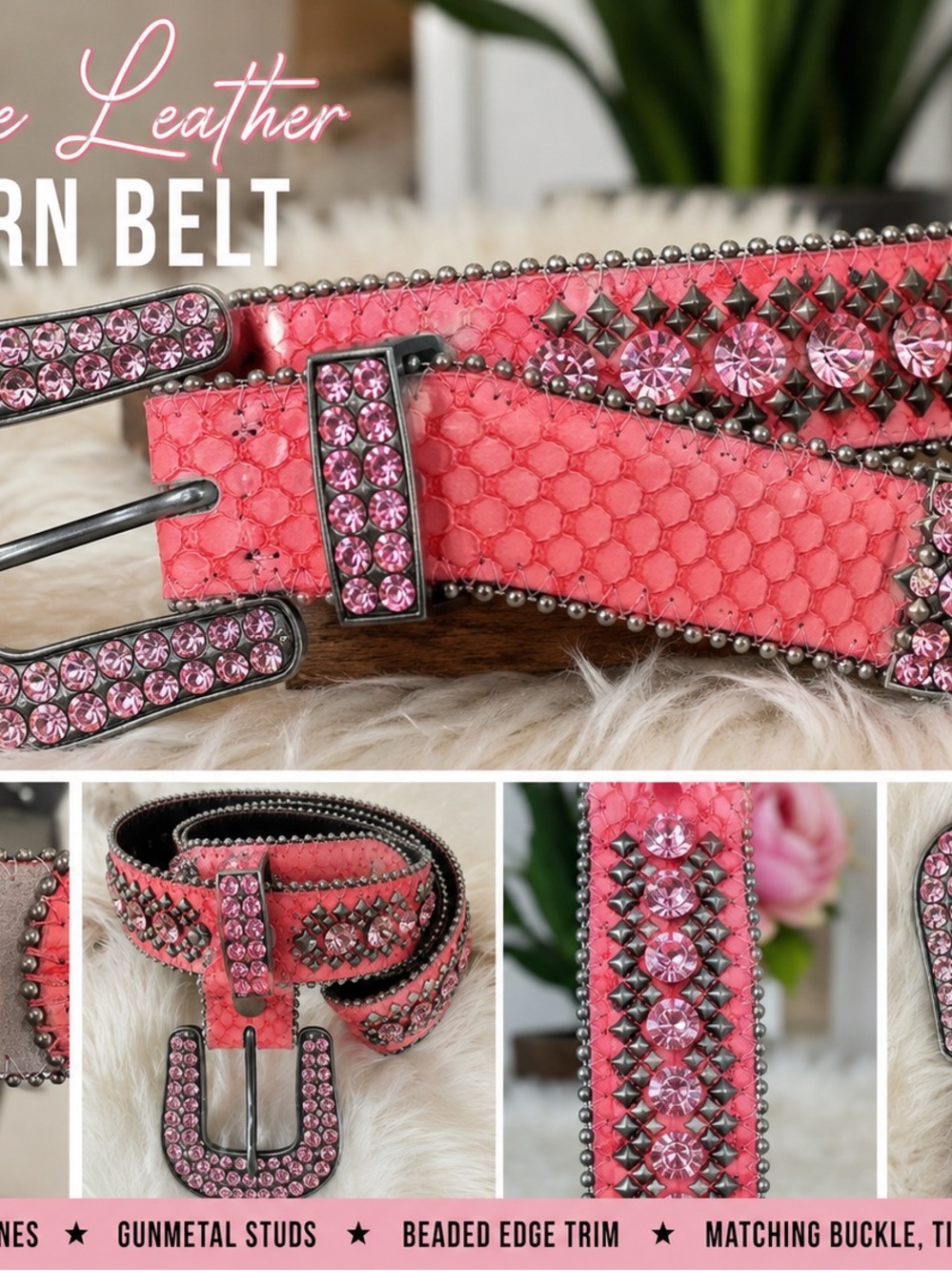 Genuine Leather Pink Rhinestone Western Belt – Small